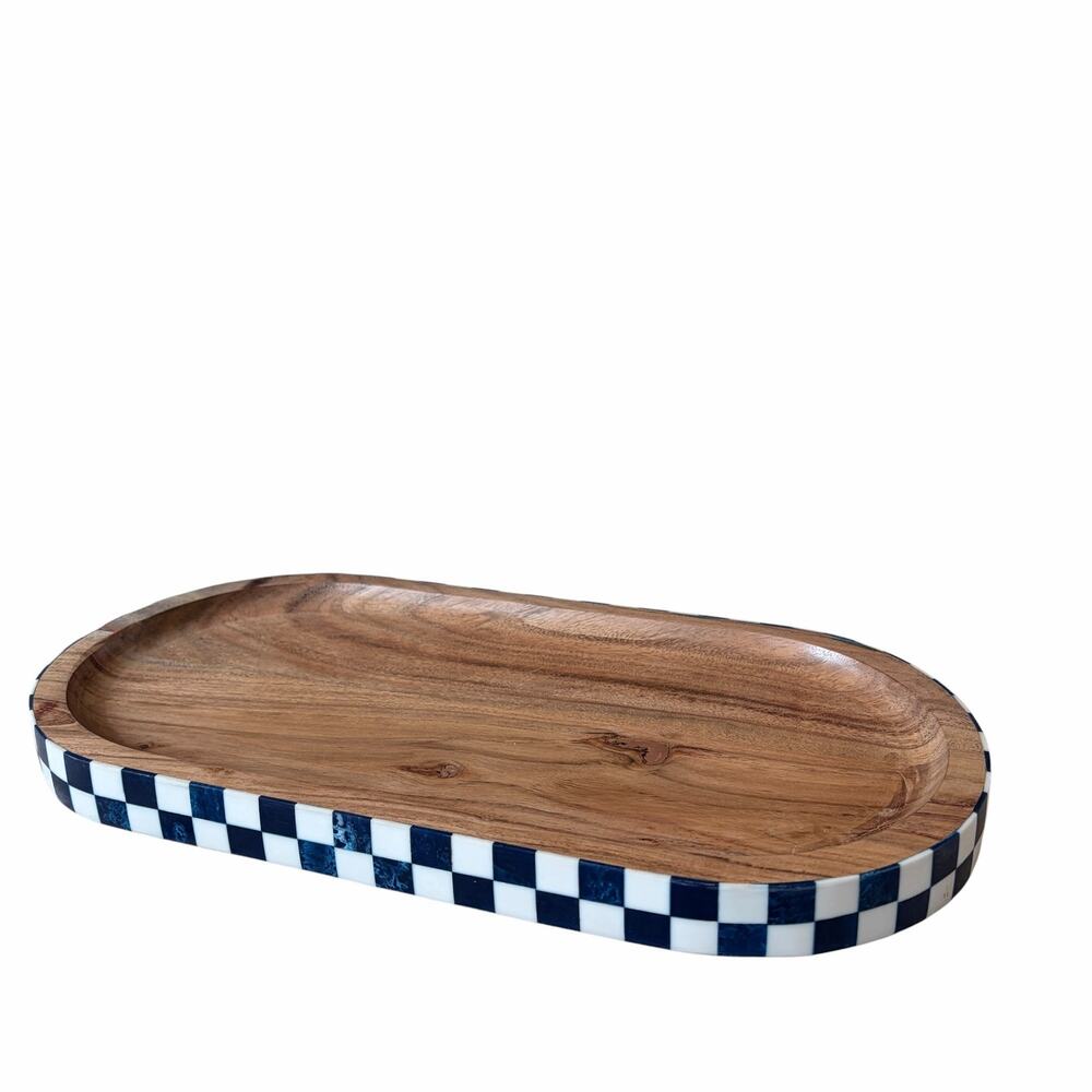 Blue & White Checkered Enameled Mango Wood Serving Tray 14x7 Made In India NEW - Picture 15 of 15